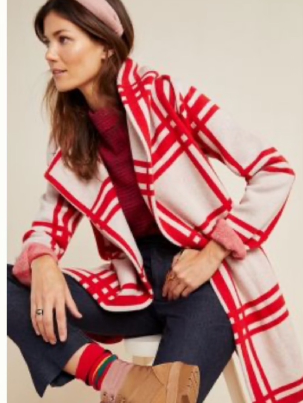 Anthropologie Red & Cream Plaid Open-Front Cardigan Coat